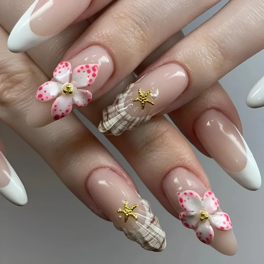 French style artificial nails with W1764 simple flowers design and floral rock pattern patch