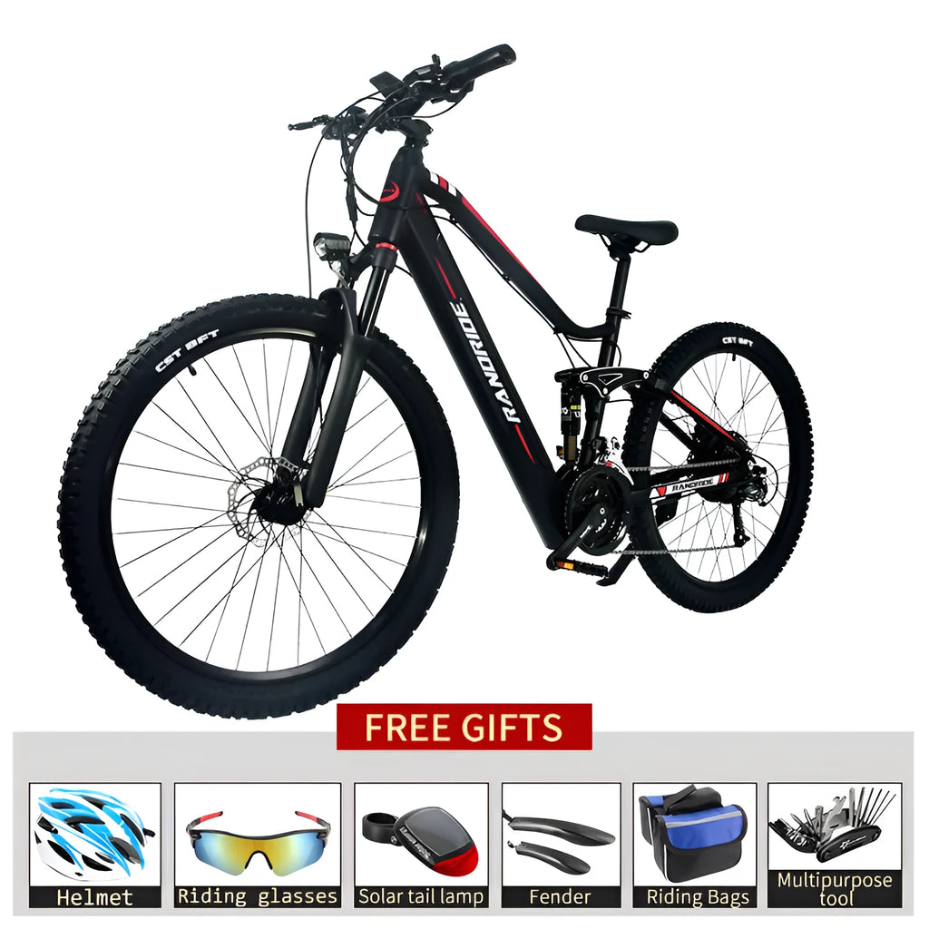 Black red electric mountain bike with full suspension, 27.5 inch wheels, and 750W motor on a dirt trail