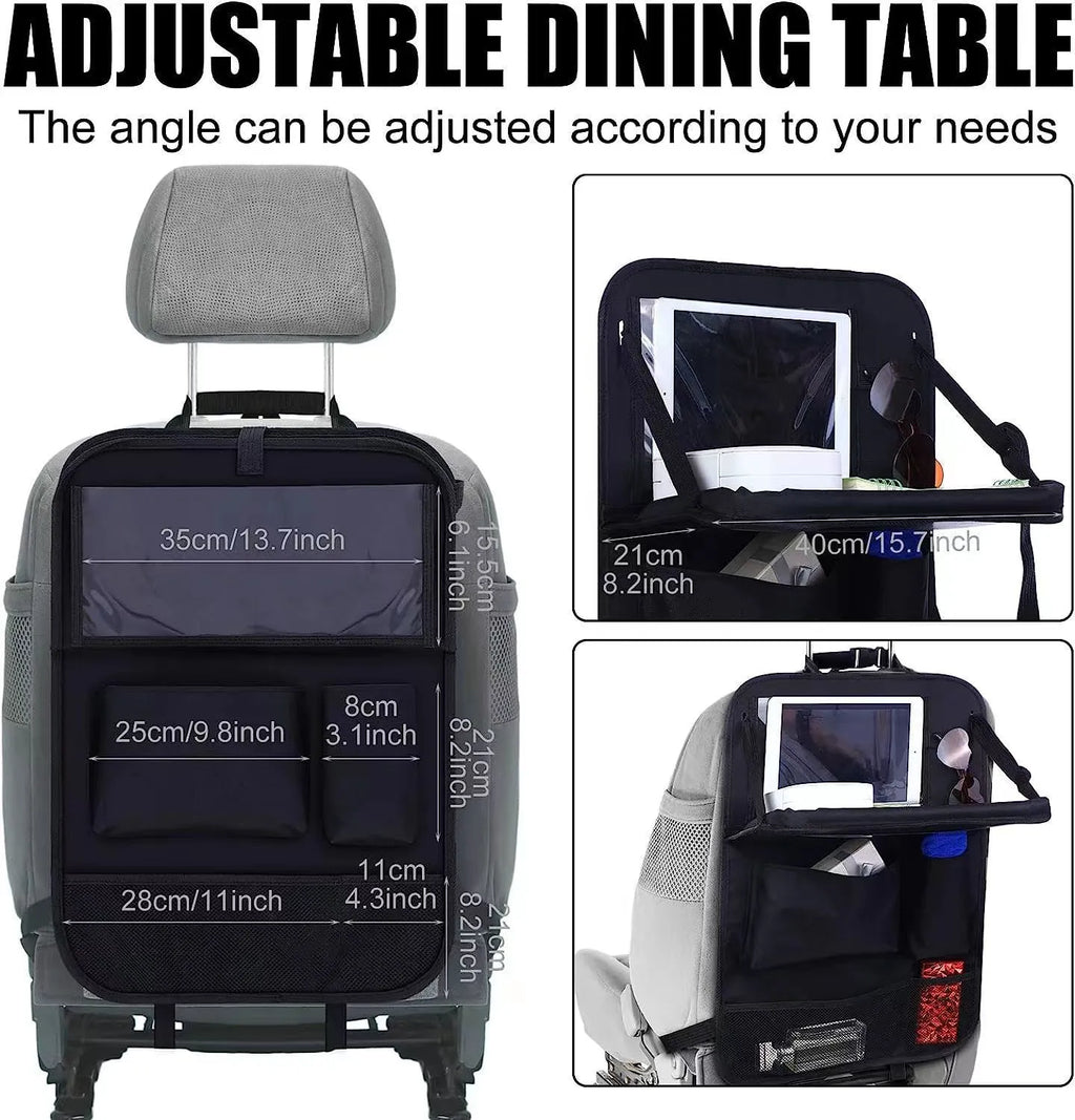 Black oxford cloth car seat back storage organiser bag hanging over a car seat.