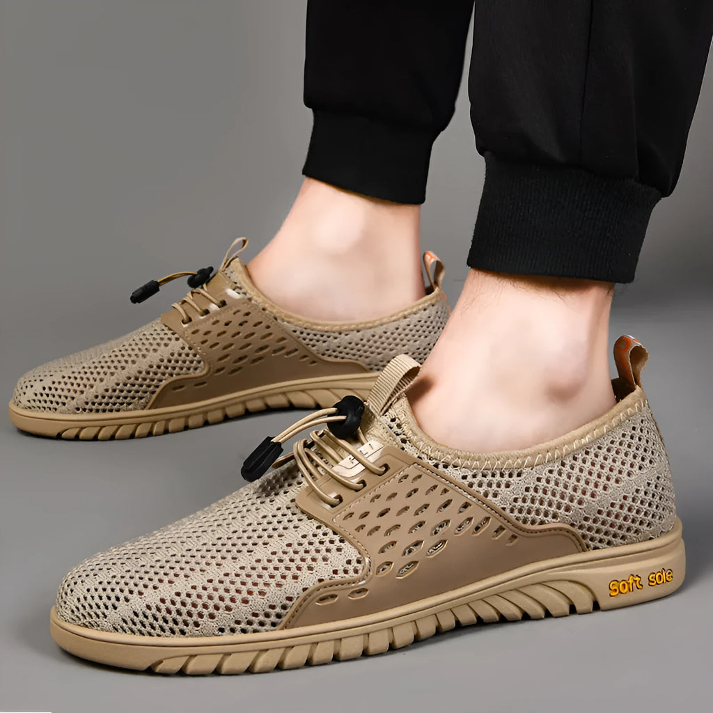 Men's breathable casual shoes in black, grey or sand with mesh upper and elastic band closure