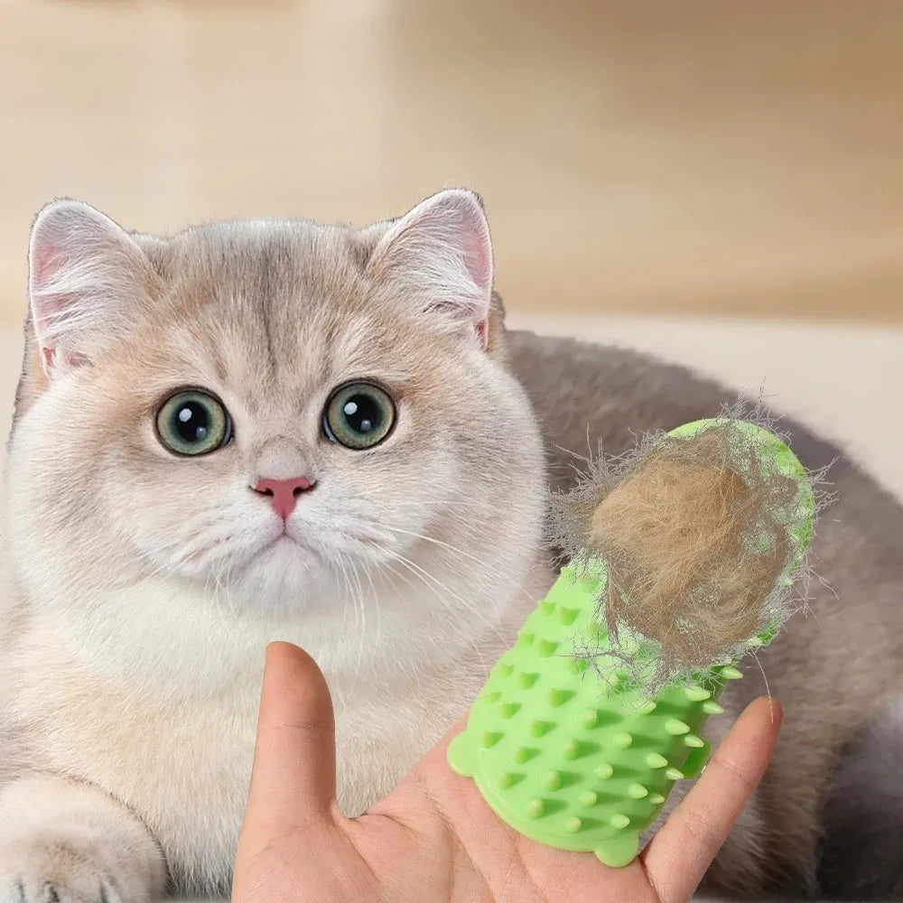 Silicone cat grooming brush with adjustable strap and rounded comb teeth in four colour options