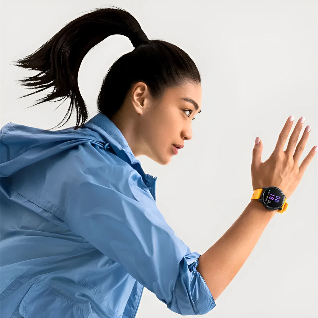 GPS smart watch with 1.43-inch screen on silicone strap, showing fitness tracking display