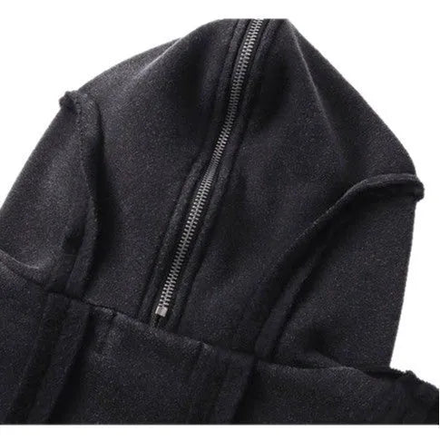Black loose-fit cotton padded hooded coat with an abstract pattern, front zip, and cardigan style.