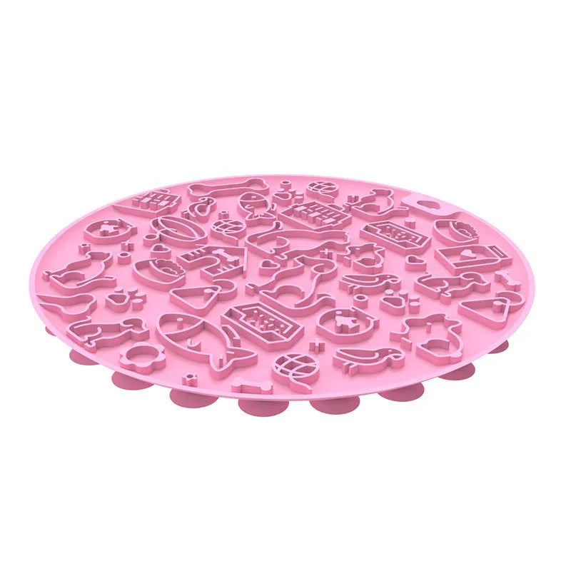 Round silicone pet licking mat with textured grooves and a sucker base, shown in blue colour.