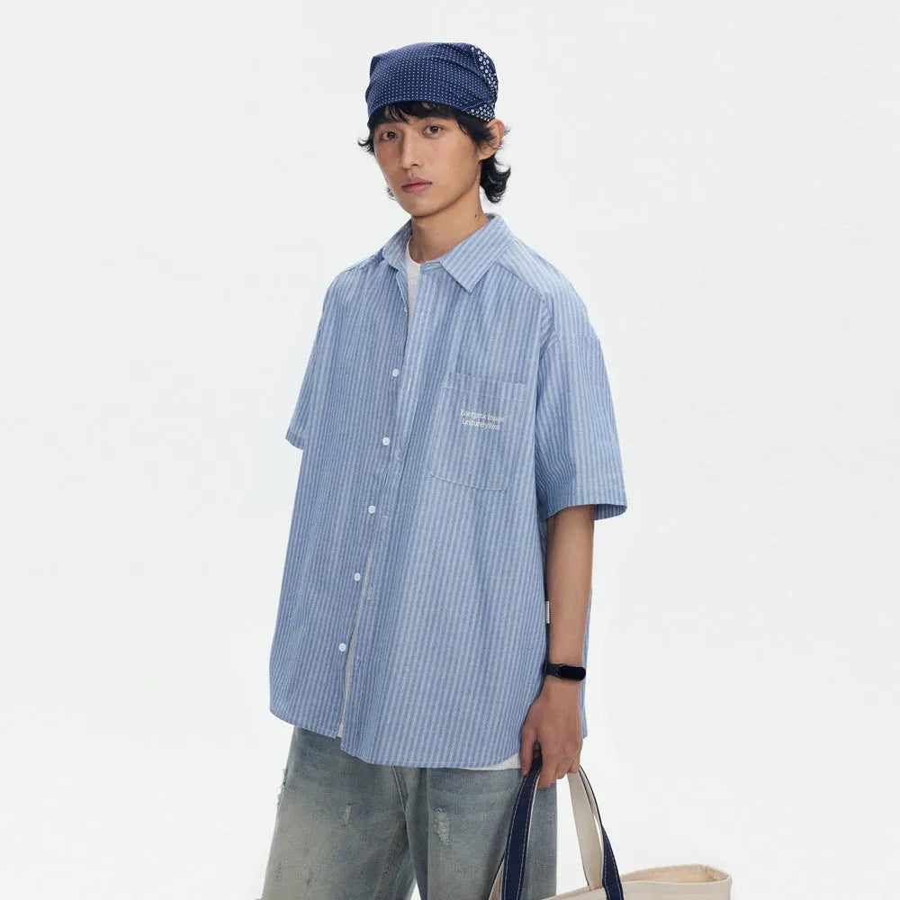Blue striped overalls short-sleeved shirt for men and women cotton blend cardigan style loose fit