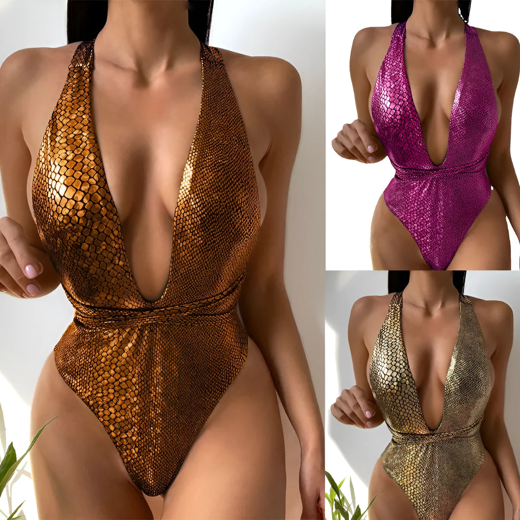 Rose red one-piece sequinned bikini swimsuit laid flat, showing solid colour and European/American sizing.