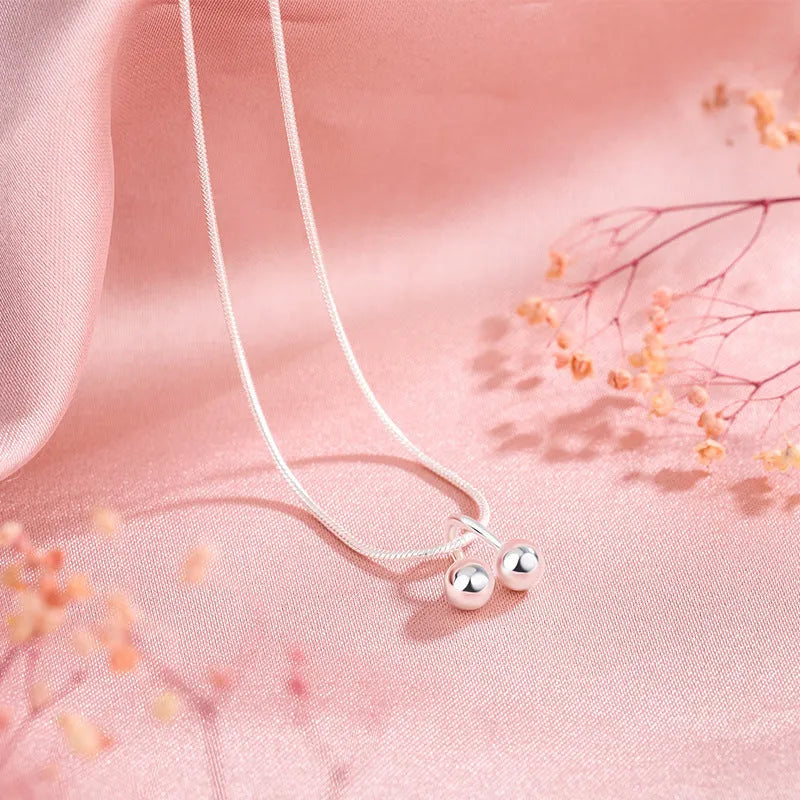 Silver cherry necklace with adjustable snake bone chain, 925 silver pendant, Korean style design