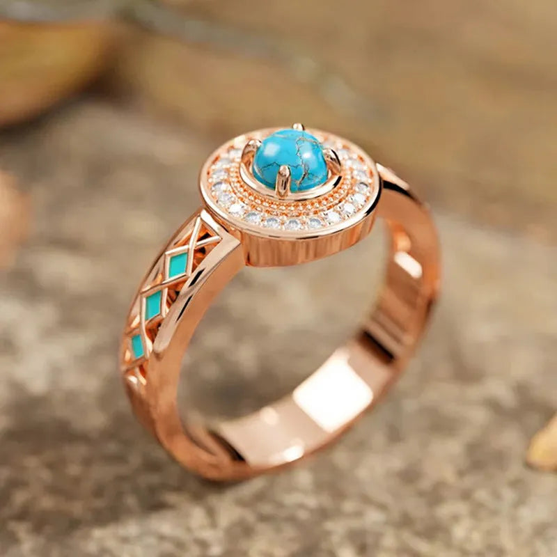 Women's turquoise ethnic style copper ring with micro-inlaid zircon stones in rose gold colour