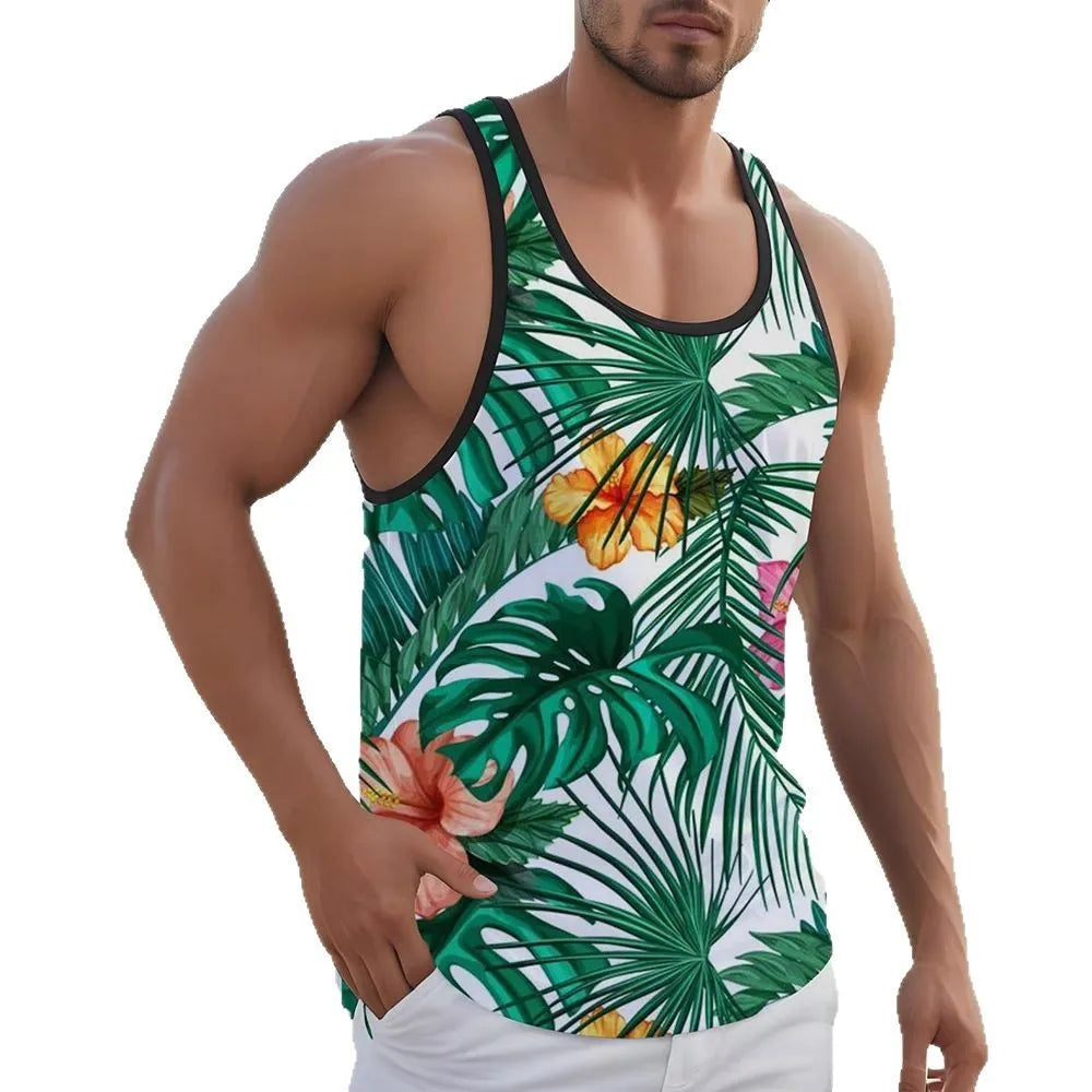 3D printed men's Hawaiian style sleeveless vest tank top in solid colour polyester pinhole cloth