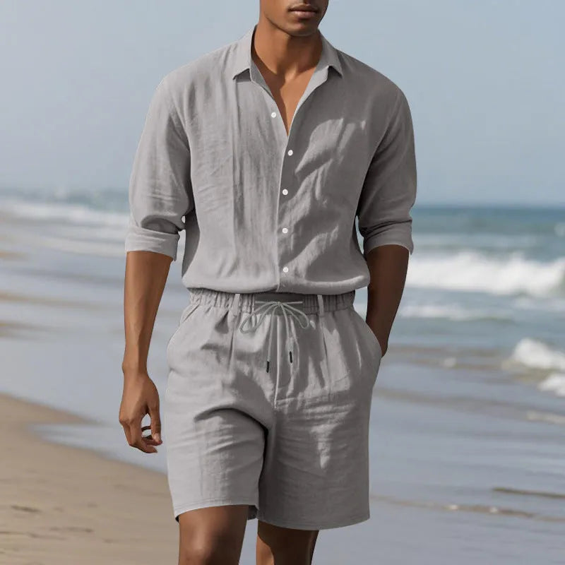 Women's linen long sleeve shirt and shorts beach suit in khaki, front view on model