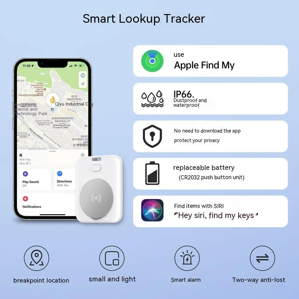 White ABS anti-lost locator pet tracking device for Apple users with alarm function on blue background