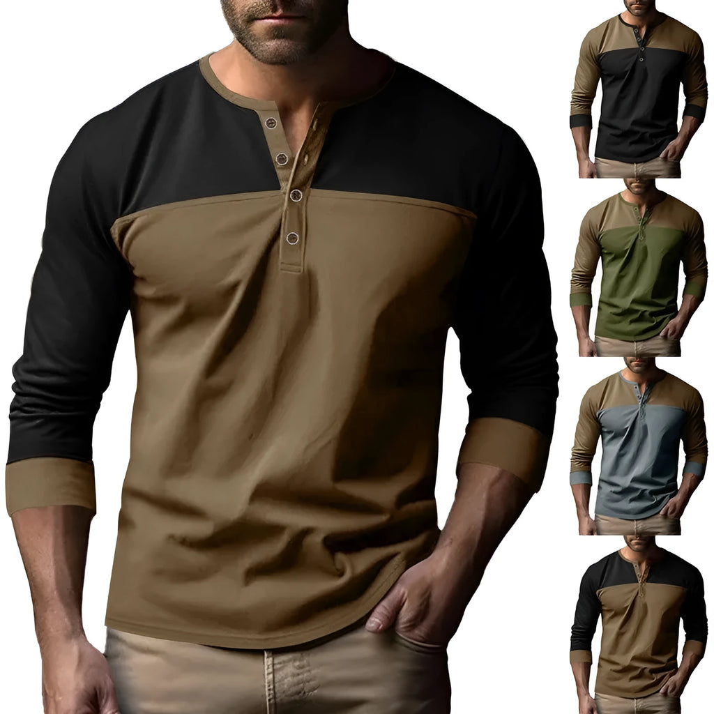 Retro long-sleeve henley collar bottoming shirt in solid beaded twill with colour-matching detail