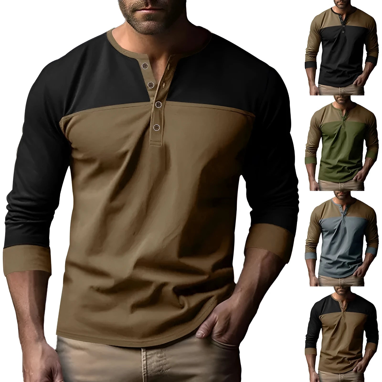 Retro long-sleeve henley collar bottoming shirt in solid beaded twill with colour-matching detail