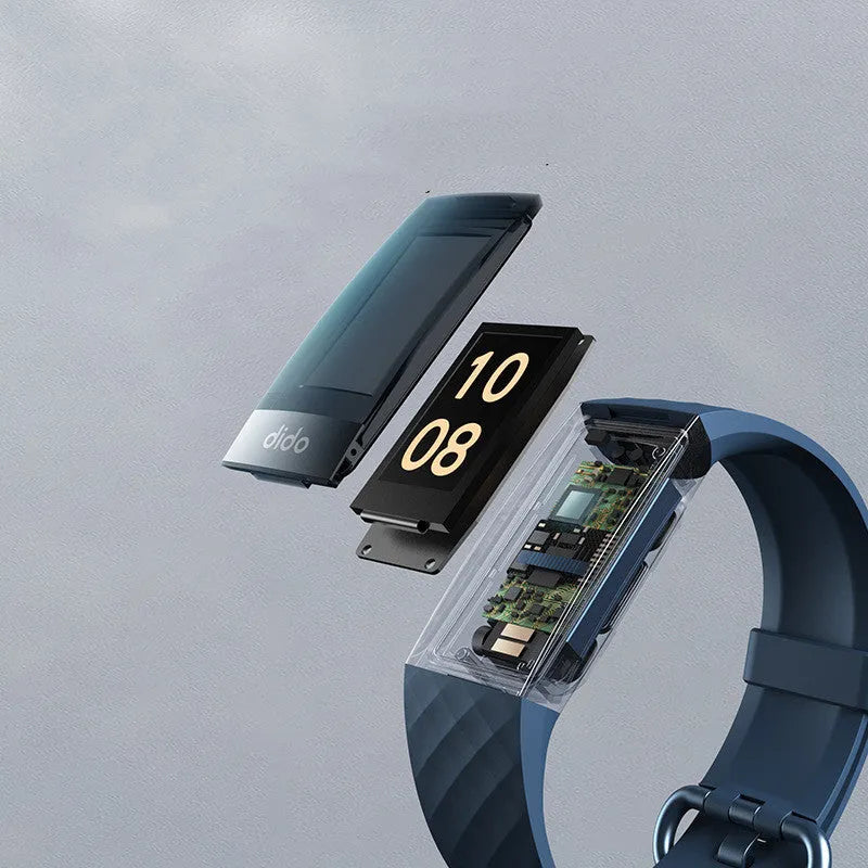 Black smart bracelet with screen showing blood pressure and heart rate data on a wrist.