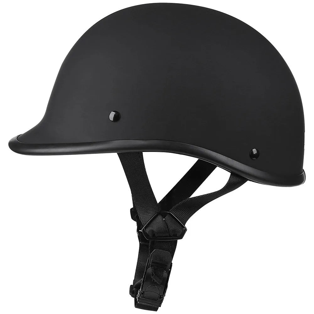 Retro hand curved ABS motorcycle helmet in matte black with visor, side view