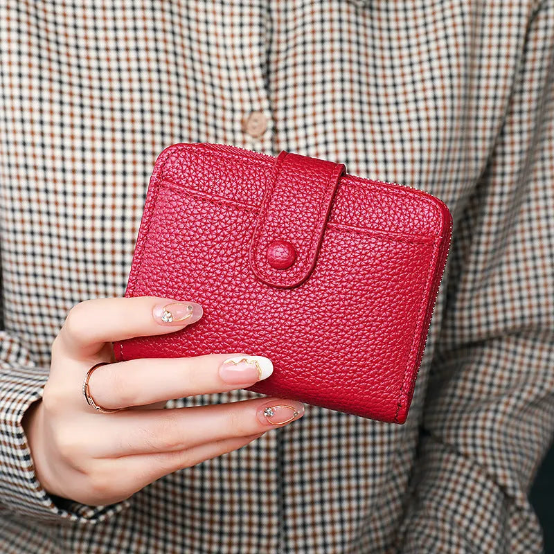 Women's lychee pattern solid colour PU short wallet with sewing thread detail in beige