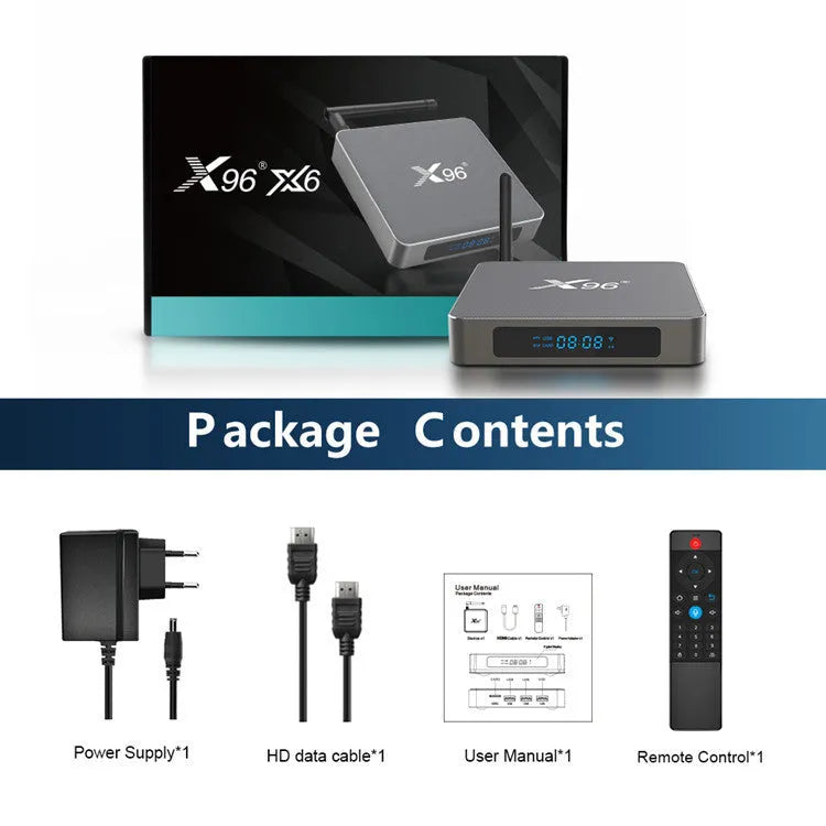 Android smart TV set-top box with remote control, HDMI cable, and power adapter on a table.