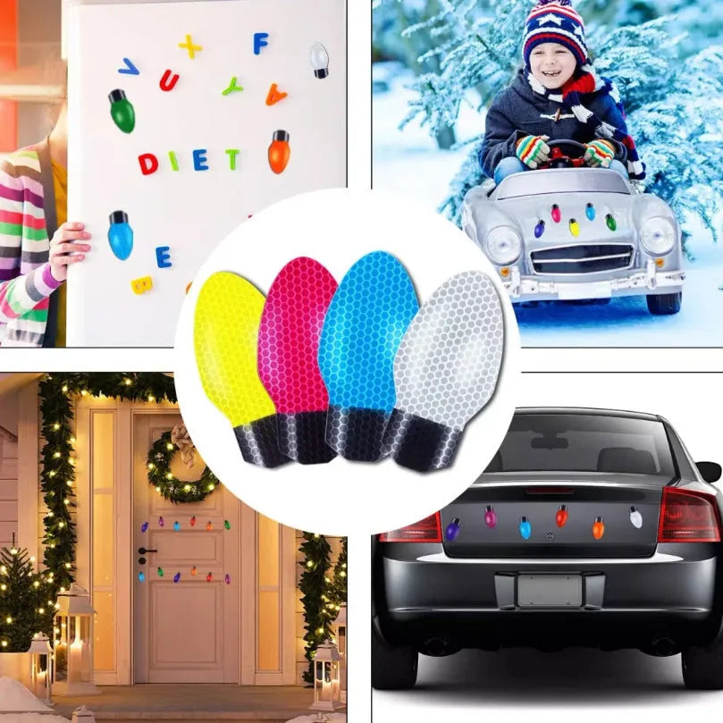 Set of 24 reflective Christmas light bulb magnetic stickers and 12 magnetic wires for car or refrigerator decoration