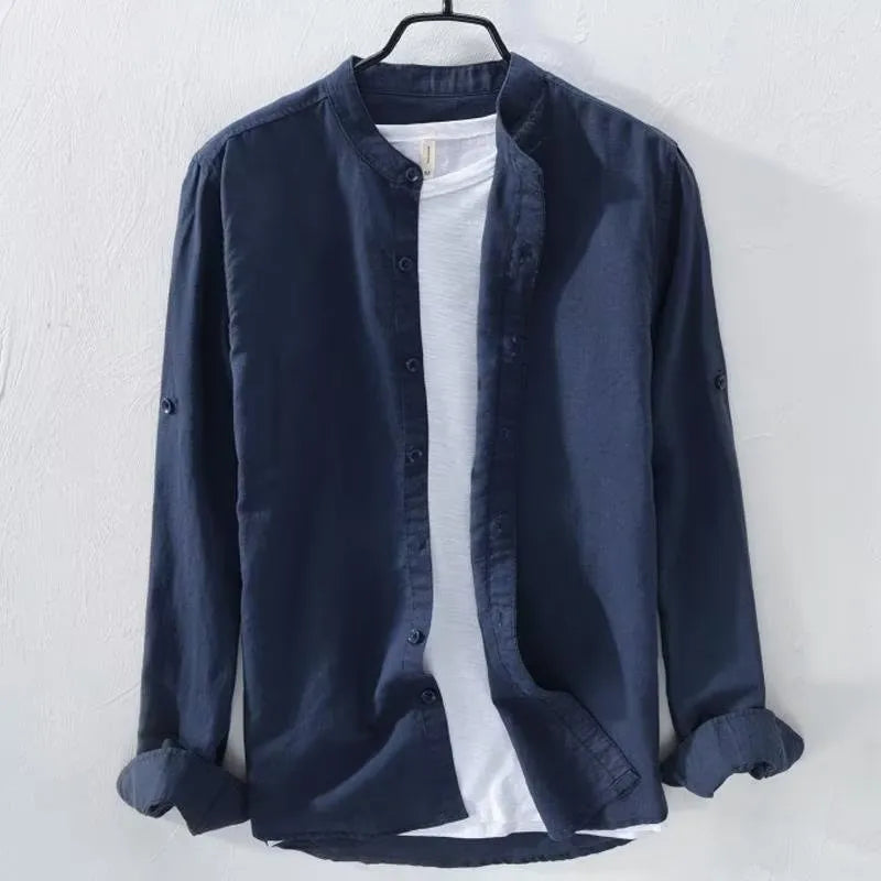 Men's loose fit long sleeve linen cotton shirt in solid colours: dark blue, light blue, khaki, grey, white