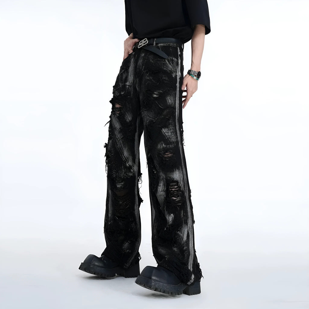 Men's heavyweight denim jacket with graffiti style in long pants design, showing zipper fly opening and cotton construction