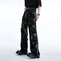 Men's heavyweight denim jacket with graffiti style in long pants design, showing zipper fly opening and cotton construction
