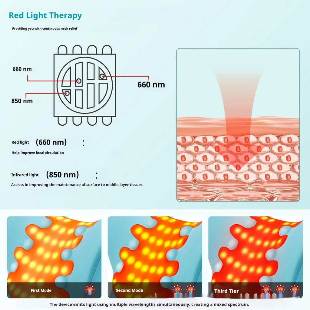 Blue USB-powered cervical traction pillow with red light and infrared therapy on a flat surface