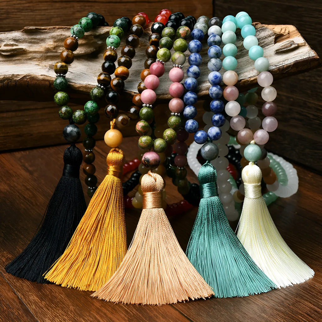 108 natural stone tassel long necklace with mixed gem pendant in boho style, unisex, 81cm plus circumference