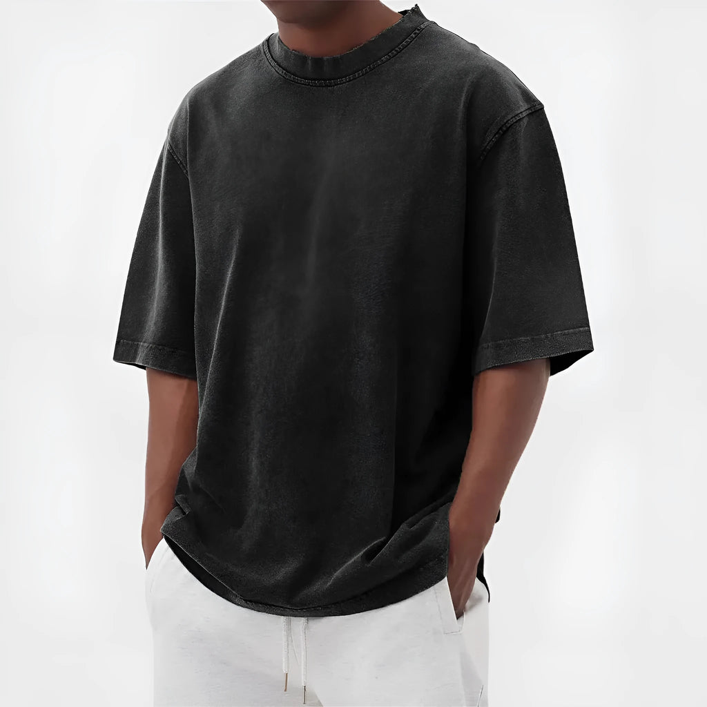 Men's stone washed pullover t-shirt in distressed blue colour with loose casual fit