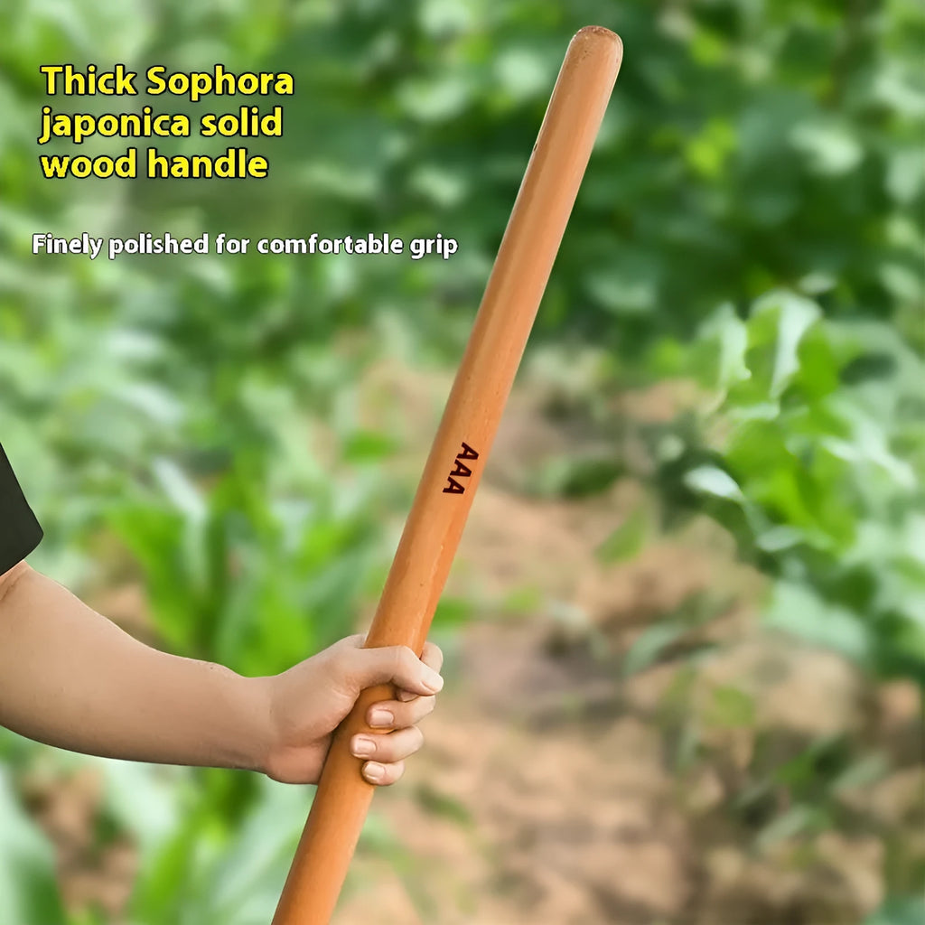 A locust wood axe handle with a square end profile shown alongside a measuring tape indicating its length.