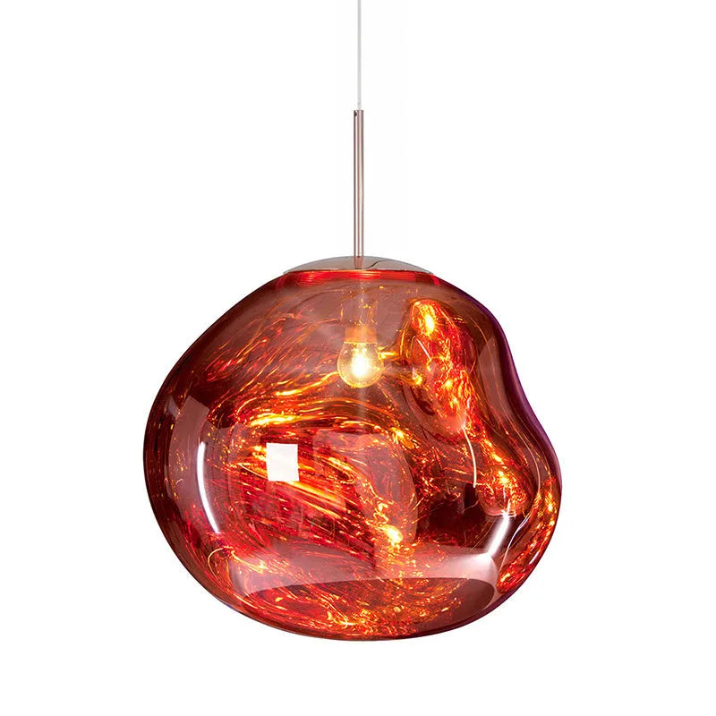 Nordic post-modern lava lamp chandelier with glass body and metallic finish in bedroom setting