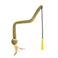 Green snake cat teasing stick toy with feather attachment on 140 cm pole