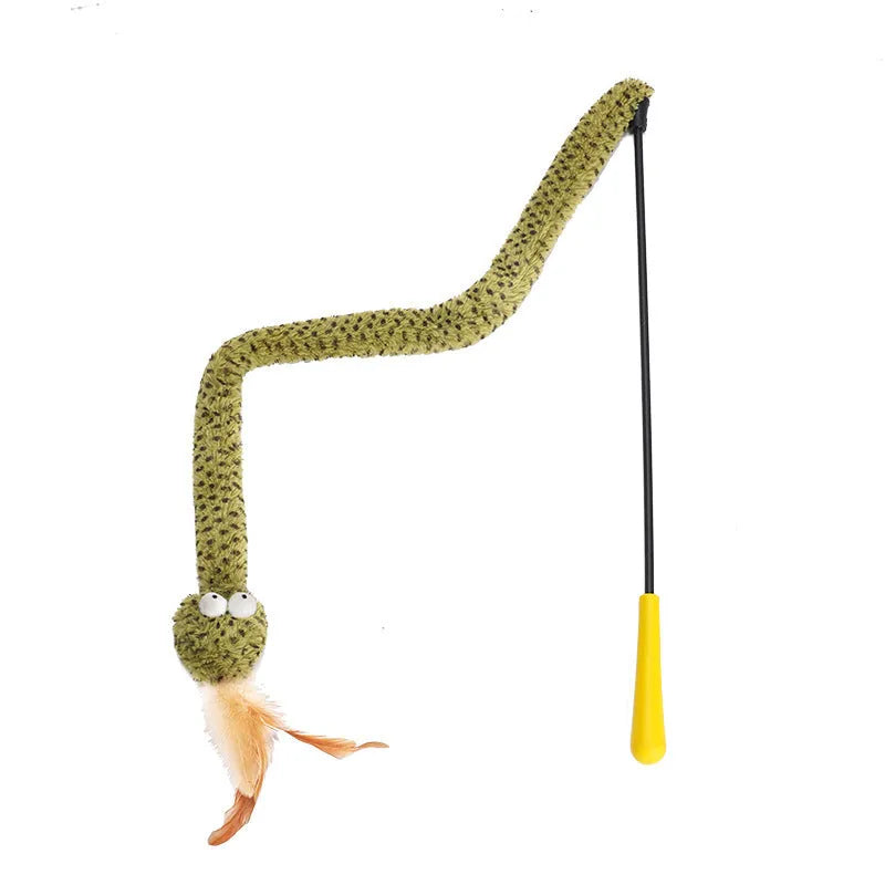 Green snake cat teasing stick toy with feather attachment on 140 cm pole