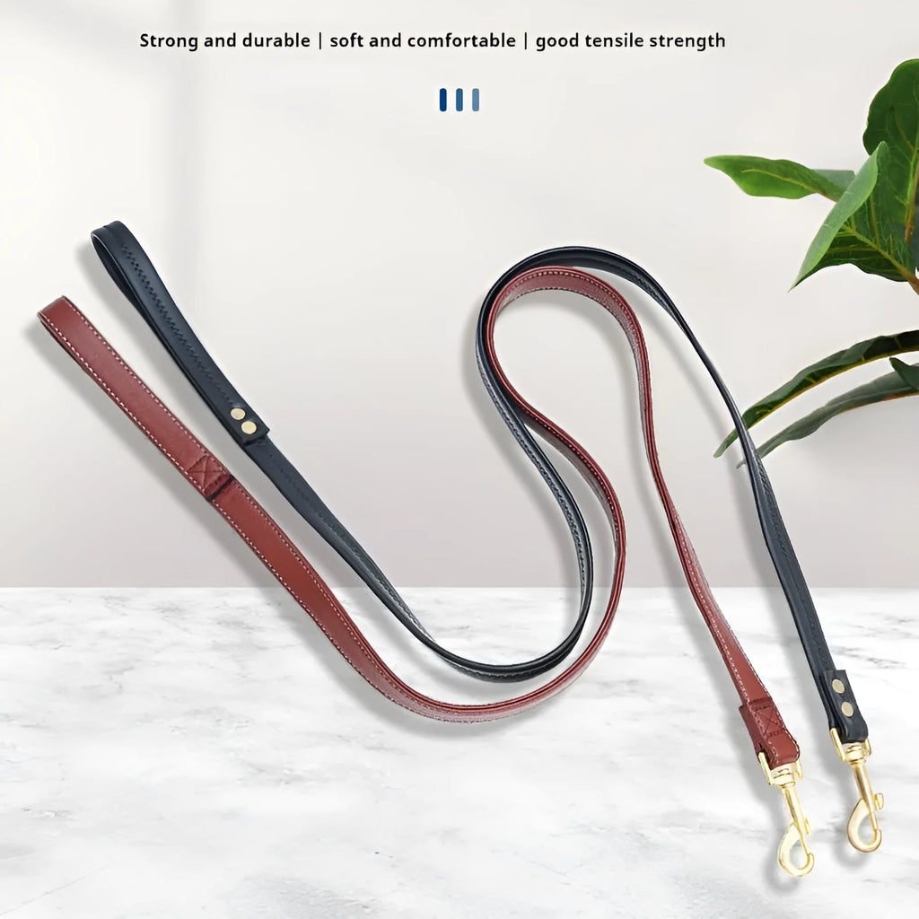 Black and maroon PU leather pet leads showing 1.5m, 2.0m, and 2.5m length options