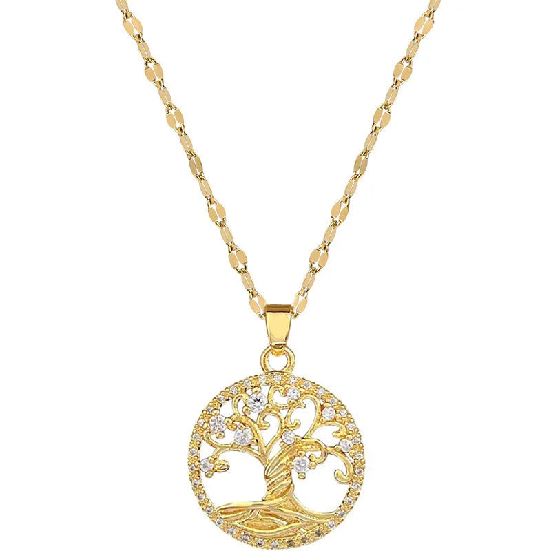 Gold-plated necklace with mother pearl pendant and rhinestone detailing on adjustable lip chain