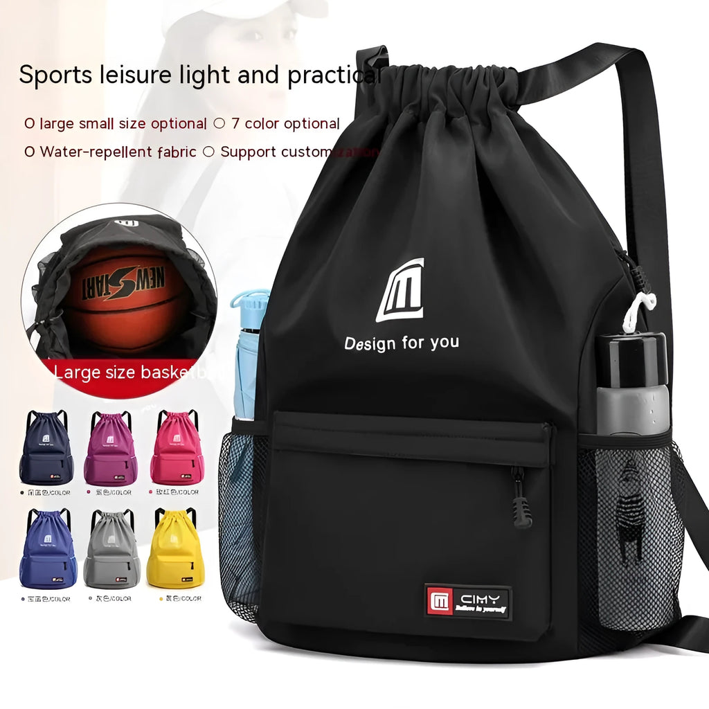 Waterproof Oxford travel backpack with drawstring closure in multiple colour options showing bucket shape design