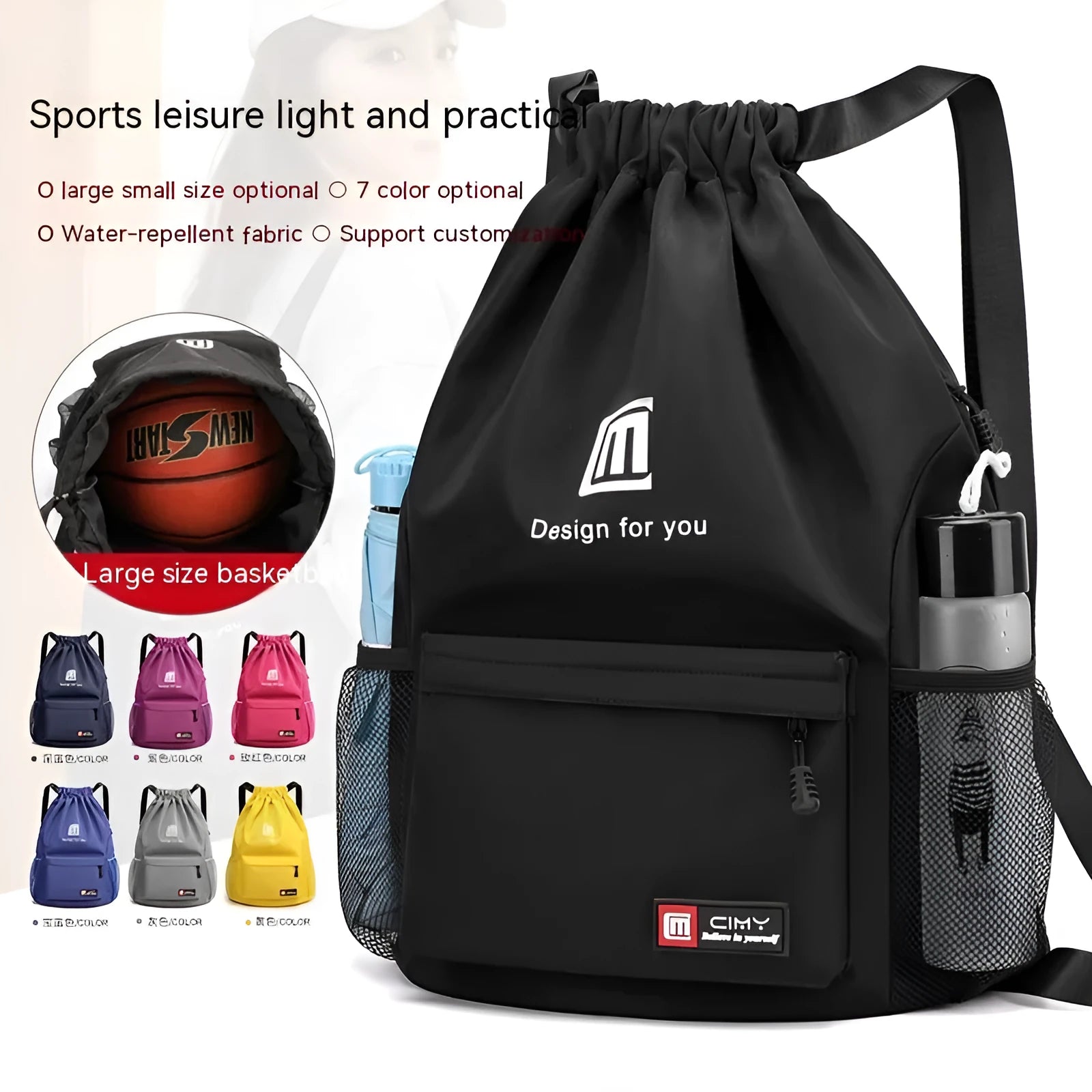 Waterproof Oxford travel backpack with drawstring closure in multiple colour options showing bucket shape design