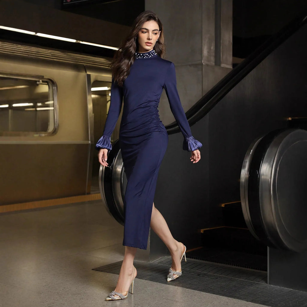 Slim-fit navy blue polyester long sleeve dress with pearl stand collar and ruffle details for women's workwear