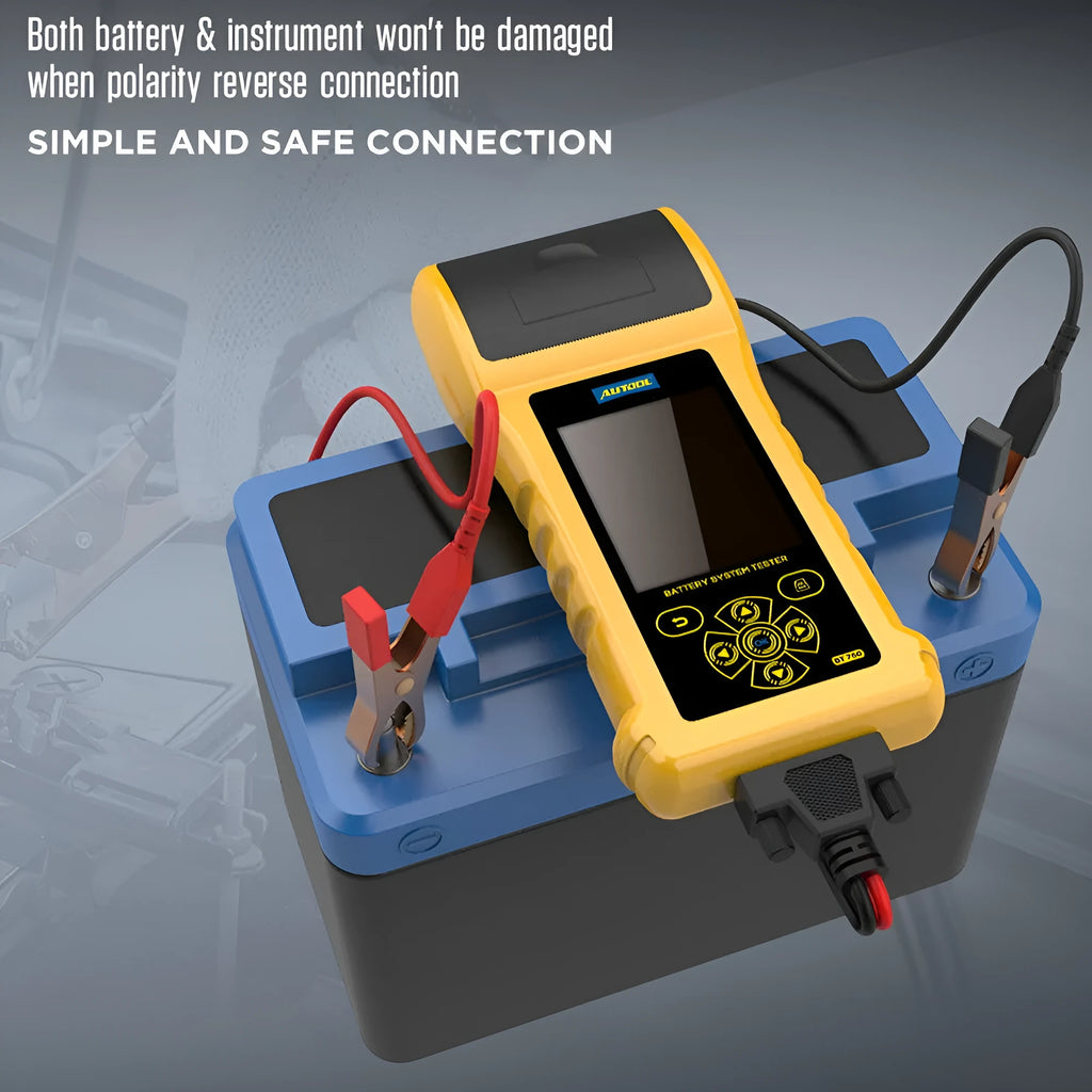 Autool BT760 colour screen vehicle battery tester with connection clips and printed diagnostic receipt