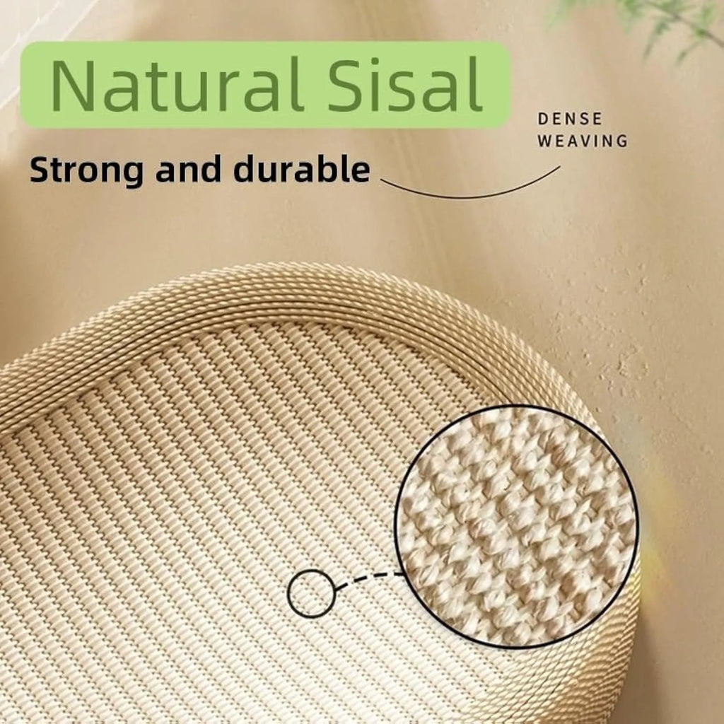 Large natural sisal fibre cat scratching board with a flat lounging bed on top.