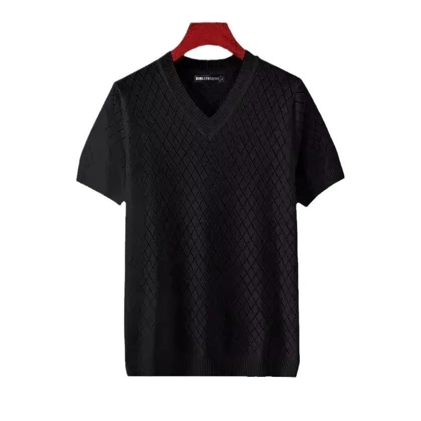 Men's ice silk summer T-shirt in black and white, available in V-neck and round neck styles.