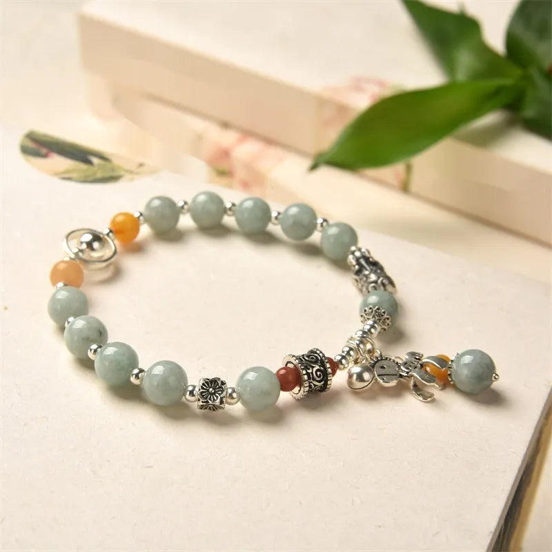 Natural emerald niche senior vintage bracelet with manual DIY craftsmanship, natural jade and alloy, retro style