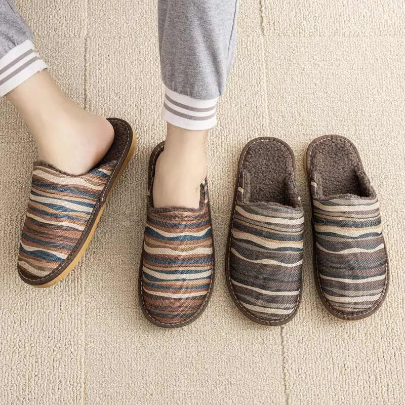 Warm winter linen surface cotton household slippers with PVC sole in red flower colour, side view