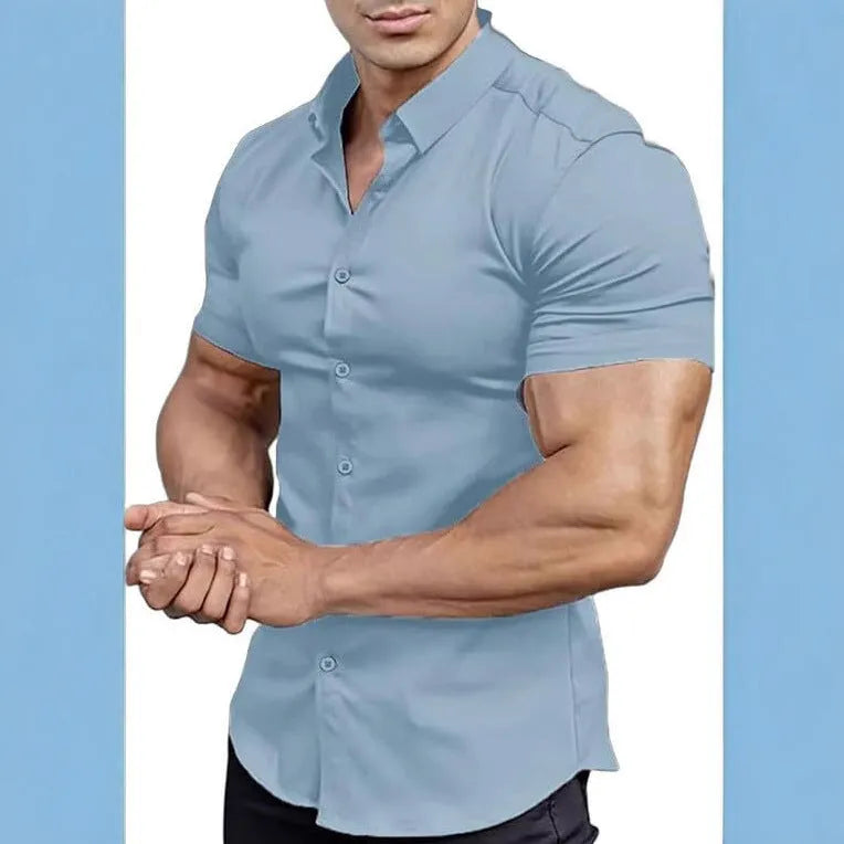 Men's short sleeve collared casual shirt in polyester, available in brown, blue, khaki and other colours.