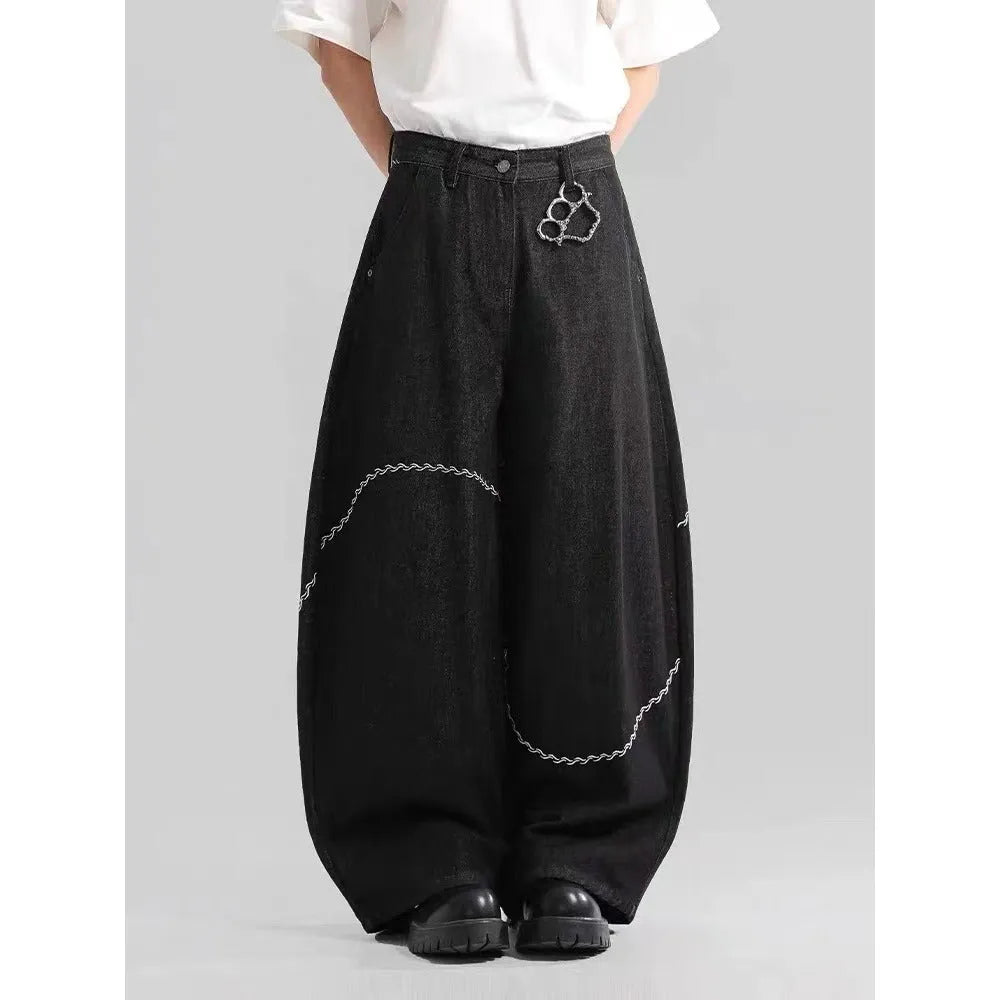 Black straight-leg polyester denim trousers with micro-elastic waist and zip fly placket