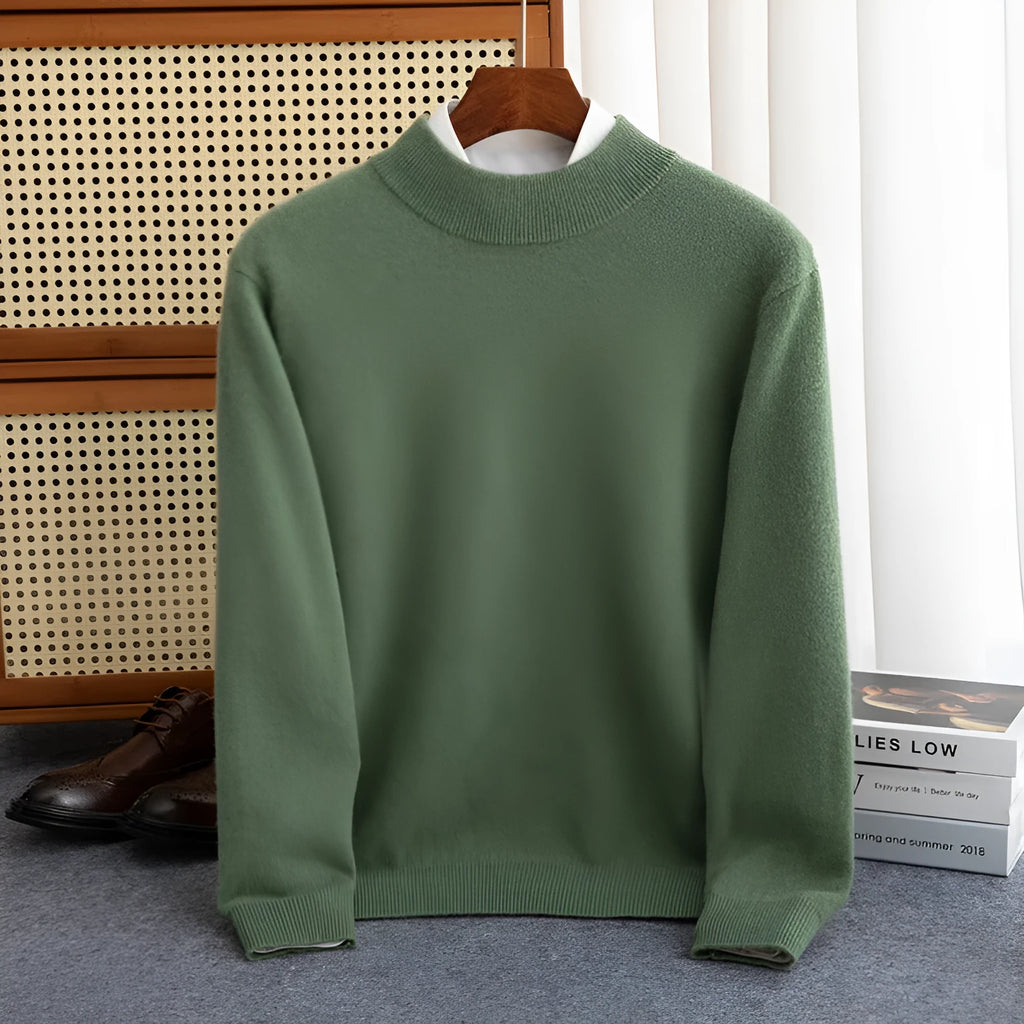 Man wearing a loose-fit half-collar wool sweater in a winter business casual style.