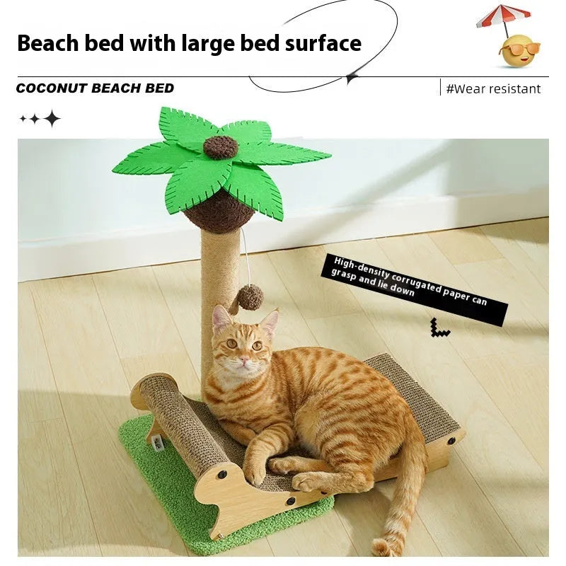 Wooden beach chair style cat climbing frame with scratch board and hemp mat.