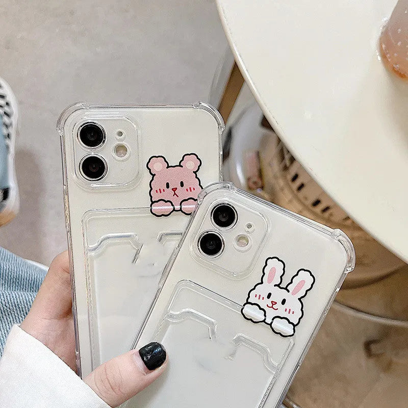 Transparent cartoon design phone case with card holder slot for Apple iPhone