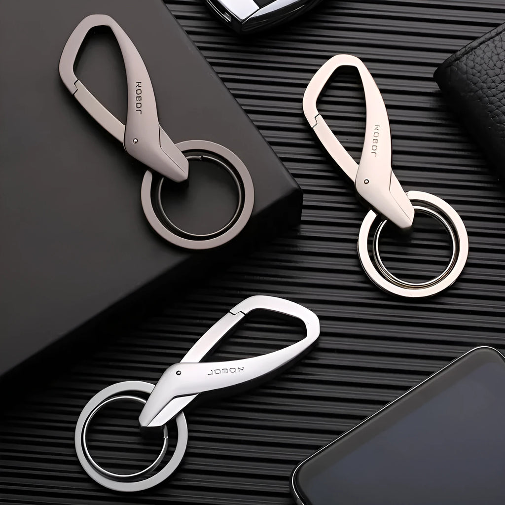 Zinc alloy double ring waist keychain for car keys in black, chrome, and nickel colours.