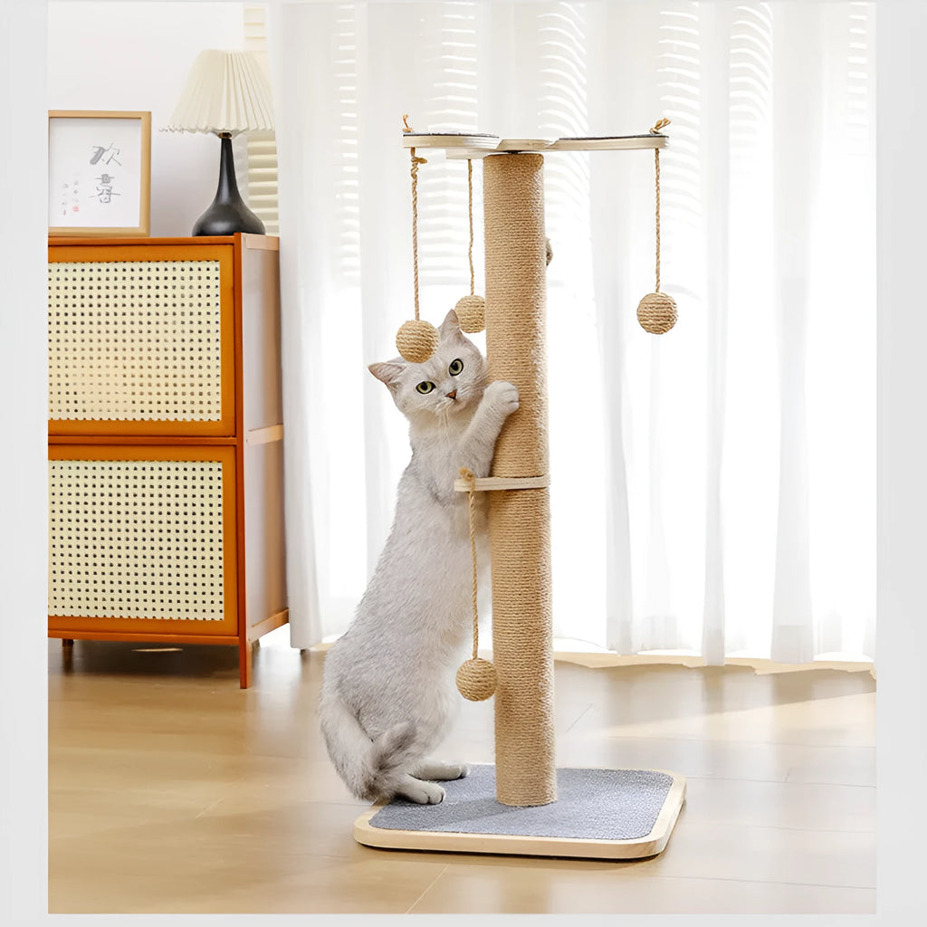 Windmill-style cat climbing frame toy with a hanging ball, made from pine wood and carpet leather.