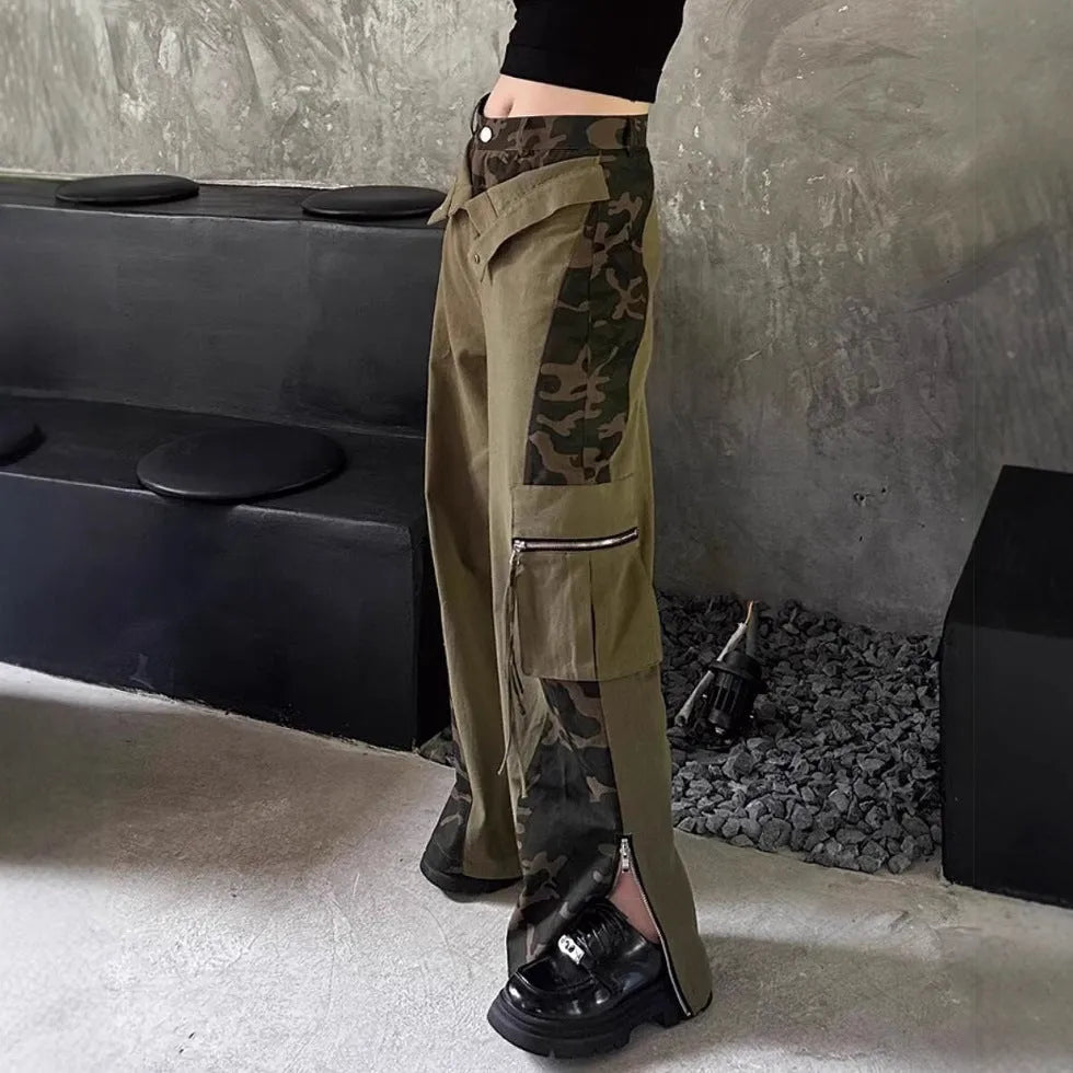 Dark khaki leopard print high waist jeans with fake two stitching detail and straight leg cut